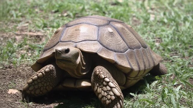 A close-up view of a tortoise basking on the grass, showcasing its intricate shell patterns and sturdy legs. A glimpse into the world of reptiles