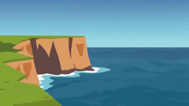 A scenic view of a cliff overlooking the vast ocean with the sky above. The scene is bright and simple, evoking a sense of calm and openness