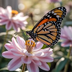 Monarch Butterfly On Pink Flower In Sunny Garden With Bokeh Background A Springtime Scene of Nature And Wildlife In Natural Light
