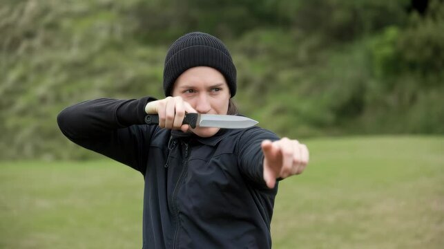 A person aiming carefully before throwing a knife at a target 
