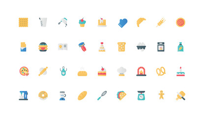 Fototapeta premium Sweet dessert of confectionery, bakery and pastry shop products color icon set. Baker and confectioner hat, wedding cake and cupcake, cookie, rolling pin and knife flat elements vector illustration