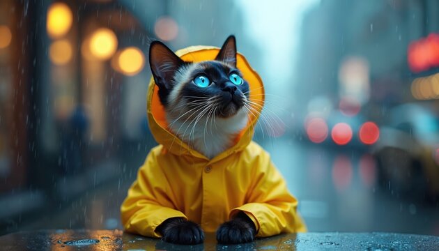 Siamese cat with blue eyes wears yellow raincoat in rainy weather. Cute feline pet sits on table under raindrops in urban environment. Lovely animal looks up during rain. - Powered by Adobe