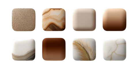 PNG Set of neutral toned square web buttons with various textures marble sand and gold leaf accents for luxury ui design isolated on transparent background.