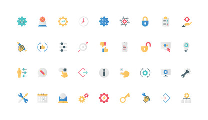 Gears of operation and settings control, setup management on panel with equalizer color icon set. Data modification, update and download, human finger on slider flat elements vector illustration