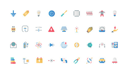 Fototapeta premium Power supply, electricians equipment, energy consumption, alternative generators color icon set. Battery and capacitor, multimeter and transistor, light bulb flat elements vector illustration