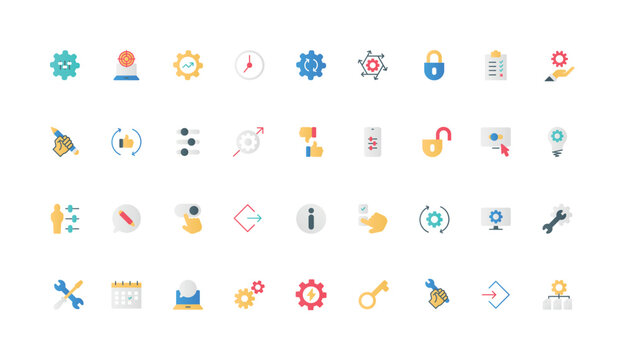 Gears of operation and settings control, setup management on panel with equalizer color icon set. Data modification, update and download, human finger on slider flat elements vector illustration