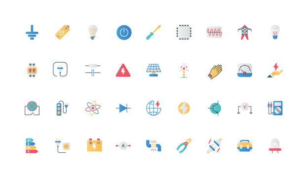 Power supply, electricians equipment, energy consumption, alternative generators color icon set. Battery and capacitor, multimeter and transistor, light bulb flat elements vector illustration