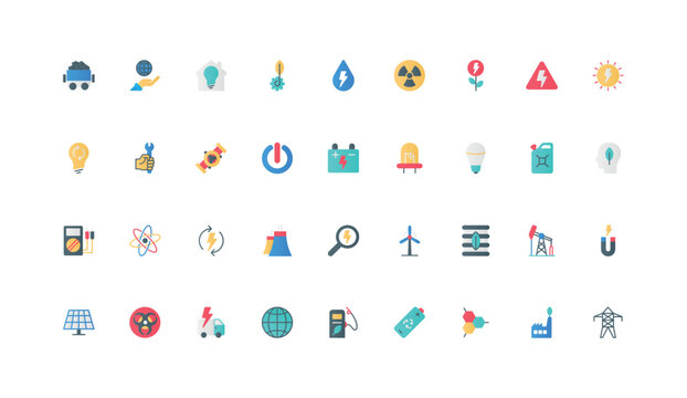 Energy generation with different type of resources color icon set. Oil and gas production, coal industry and battery, factory, sustainable station with generators flat elements vector illustration