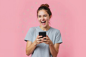 A portrait of an enthusiastic young woman in a casual t-shirt participating in a smartphone video call against a pink background.