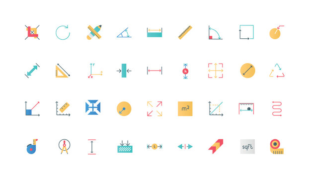 Size measurement, internal and external dimension arrows to measure area and angle, width and length color icon set. Ruler with scales, flexible tape and roulette flat elements vector illustration