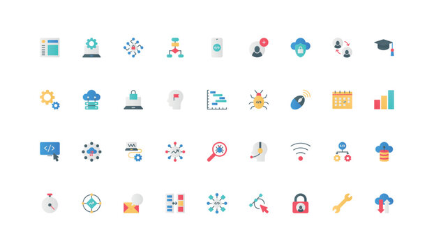 Software code development, coding, testing and bug search color icon set. program setup and programmers tool, algorithm and configure, web homepage and language flat elements vector illustration