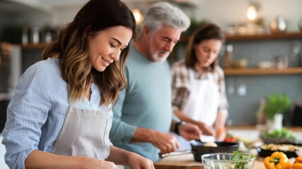 Three people of different generations collaborate in the kitchen, chopping and cooking with smiles and focus. The scene radiates warmth, togetherness, and a love for homemade food