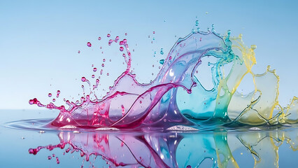 Vibrant multi-colored liquid splashing dynamically on a reflective surface against a light blue background, creating a beautiful spectrum.