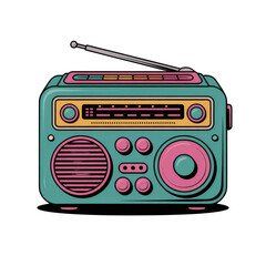 Retro teal and pink boombox with antenna and speaker transparent background isolated on a transparent background