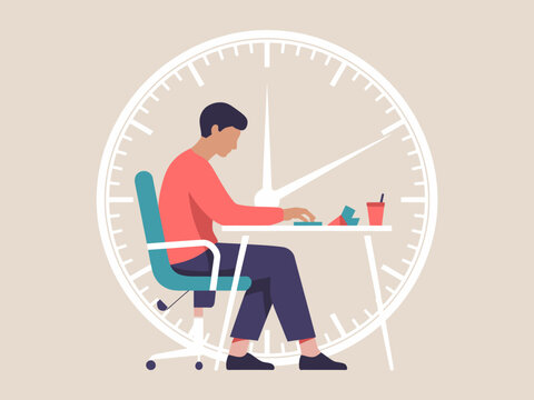 This image illustrates a man working at a desk surrounded by a clock, symbolizing time management and productivity, relevant for themes related to work-life balance and efficiency.