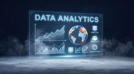 Futuristic data analytics dashboard with global map, charts and graphs, visualizing user growth,server load and processing metrics in digital environment