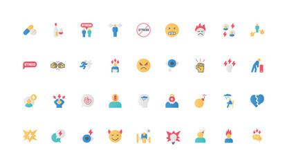 Fototapeta premium Stress and mental health problem, tension and crisis, anger attack, depression color icon set. angry and crazy, nervous expression on face, anxiety of frustrated man flat elements vector illustration