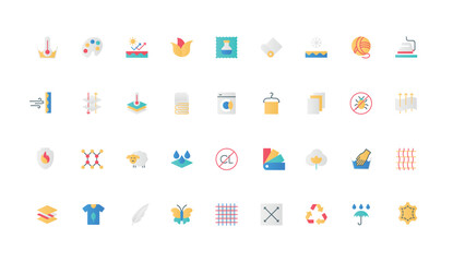 Fototapeta premium Fabric features and properties of fiber and textile color icon set. Resistant to water and temperature, ultraviolet, breathable material, lightweight feather, silk flat elements vector illustration