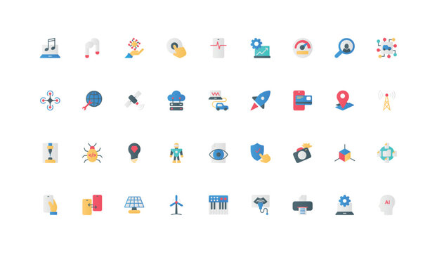 Electronic devices, communication and equipment with remote control for smart home color icon set. Automation and AI processor, drone and robot, ultrasound machine flat elements vector illustration