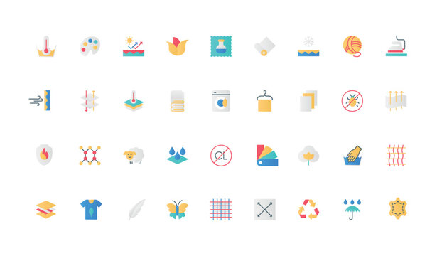 Fabric features and properties of fiber and textile color icon set. Resistant to water and temperature, ultraviolet, breathable material, lightweight feather, silk flat elements vector illustration