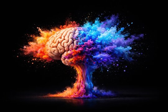 Surreal human brain exploding into vibrant multicolor powder on black background. Conceptual art symbolizing creativity, intelligence, innovation, and the power of human thought.