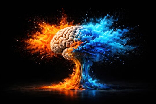 Surreal human brain exploding into vibrant multicolor powder on black background. Conceptual art symbolizing creativity, intelligence, innovation, and the power of human thought.