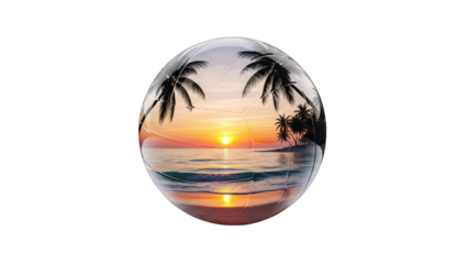 Tropical beach sunset reflection in glass sphere, palm trees and ocean