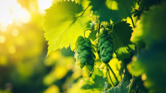 Golden hops growing in sunlight for beer production