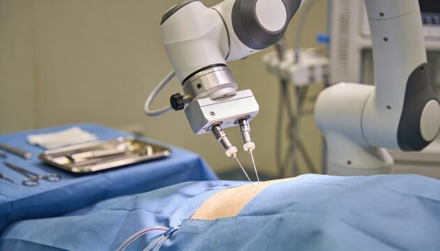 Robotic surgical arm performing delicate procedure on patient in operating room