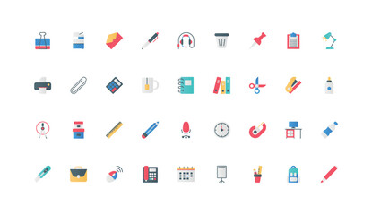 Office supplies for work, stationery and equipment color icon set. Employees chair and desk, planning calendar and project presentation board, coffee break, computer flat elements vector illustration