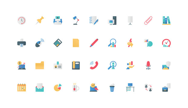 Office work, stationery of workplace, paperwork of businessman and secretary color icon set. Folders and archive, paper document and meeting, telephone and briefcase flat elements vector illustration
