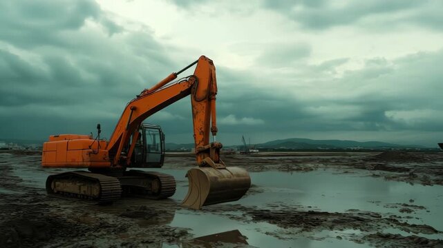 Orange excavator resting in muddy construction site under dark clouds