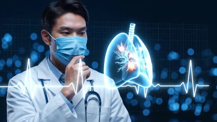 Asian male doctor in mask examines glowing digital lungs with inflammation and a bright ECG line, concept for medical technology, lung diagnosis and health service promotion - Powered by Adobe