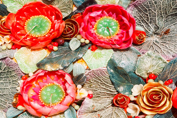 Flowers, leaves are made from candles.