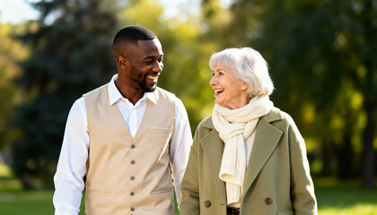 Fototapeta premium Happy African American male caregiver walking with senior woman in park. Smiling elderly lady and young nurse talking outdoors. Intergenerational friendship and assistance concept
