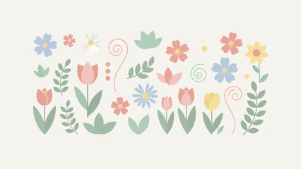 Fototapeta premium Pastel Floral Elements Vector Set with Flowers and Leaves