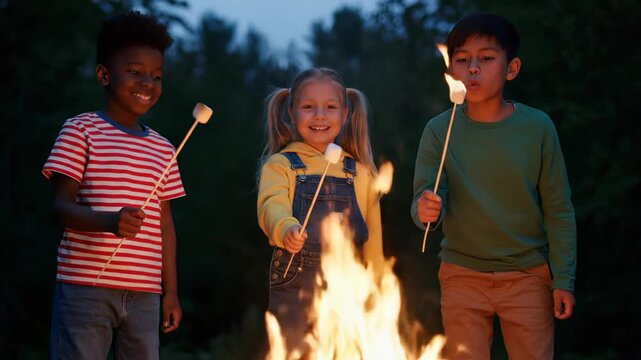 Three diverse happy kids roasting marshmallows over a campfire outdoors at night, concept for summer camp advertisement, family fun activities and evening leisure lifestyle