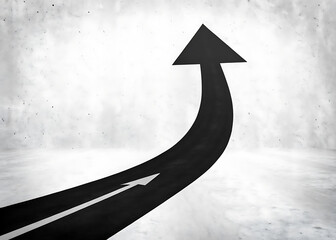 Fototapeta premium A large black arrow pointing upwards on a gray background with a road leading to it