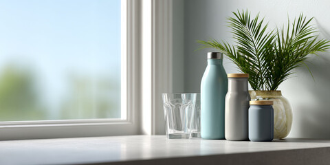 Minimalist kitchen countertop with reusable bottles, glass cups, and a decorative potted plant near a bright window in natural daylight