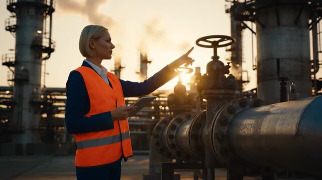 Woman inspects refinery pipeline with tablet. Engineer checks valve and industrial systems. Inspector verifies safety vest compliance. Plant monitoring and maintenance at sunset. Sunset lights pipes.