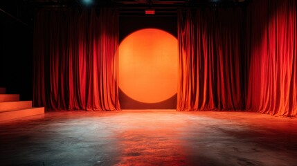 Stage with red curtains and circular light at theater venue before performance