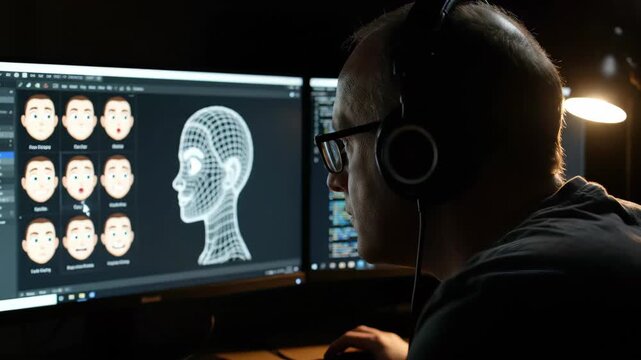 Male 3D artist wearing headphones and glasses develops character facial expressions on dual monitors late at night, concept for game development, digital illustration and multimedia production