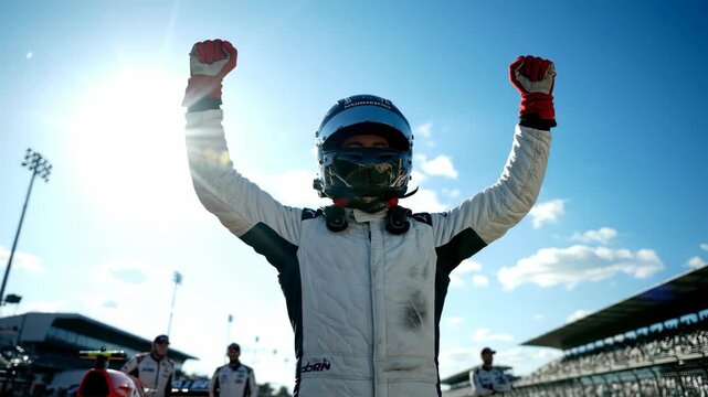 Young race car driver wearing helmet raises arms in triumph after victory on track under bright sun, concept for victory celebration, professional sports marketing and automotive racing media