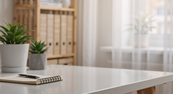 White desk with notebook and pen in a bright home office. Minimalist workspace with succulent plants and copy space. Professional study area background