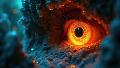Close-up of luminous orange eye surrounded with abstract blue rock formation. Glowing particles accentuate an otherworldly scene. Eye glows with internal light looks from depth. Digital art.