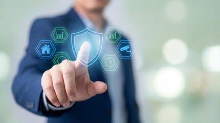 Business professional hand selecting digital security shield icon with connected network and home technology symbols