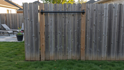 Outdoor pull-up bar mounted on a wooden backyard fence. Home gym equipment for bodyweight fitness and strength training. DIY backyard workout station