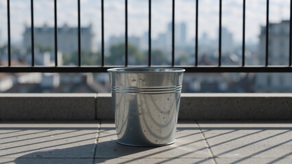Galvanized metal bucket on a balcony floor. Empty silver container with blurred city background. Urban terrace with railing shadows in bright sunlight