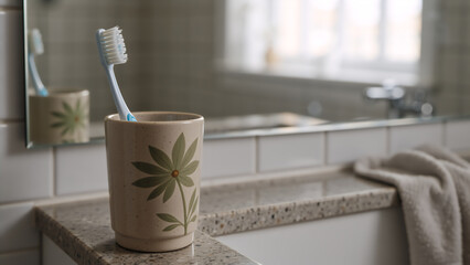 Toothbrush in a ceramic holder on a bathroom counter. Close up of dental hygiene equipment in a speckled cup with floral design. Oral care and morning routine concept. Selective focus