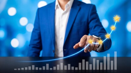 Business professional hand touching digital growth chart with glowing stars representing success and financial improvement